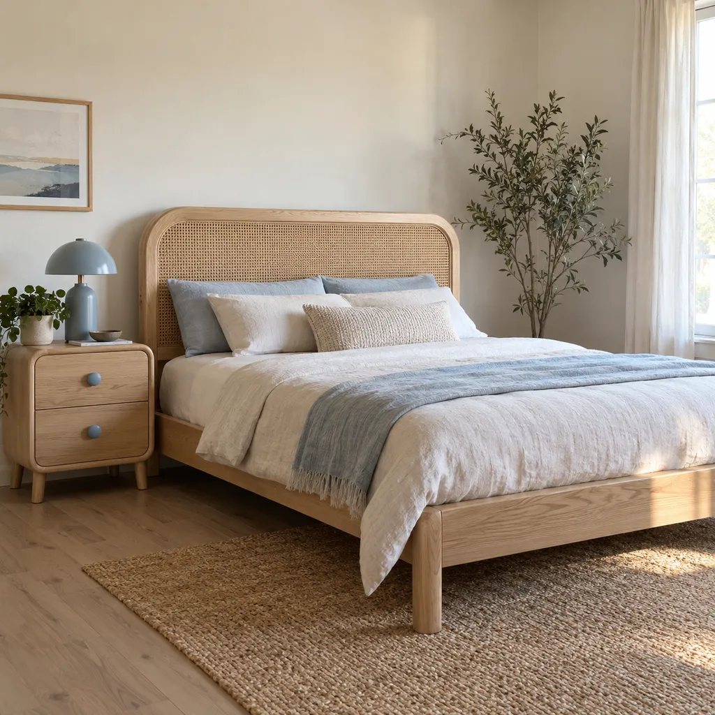 Pale oak bed frame with woven headboard and matching nightstand