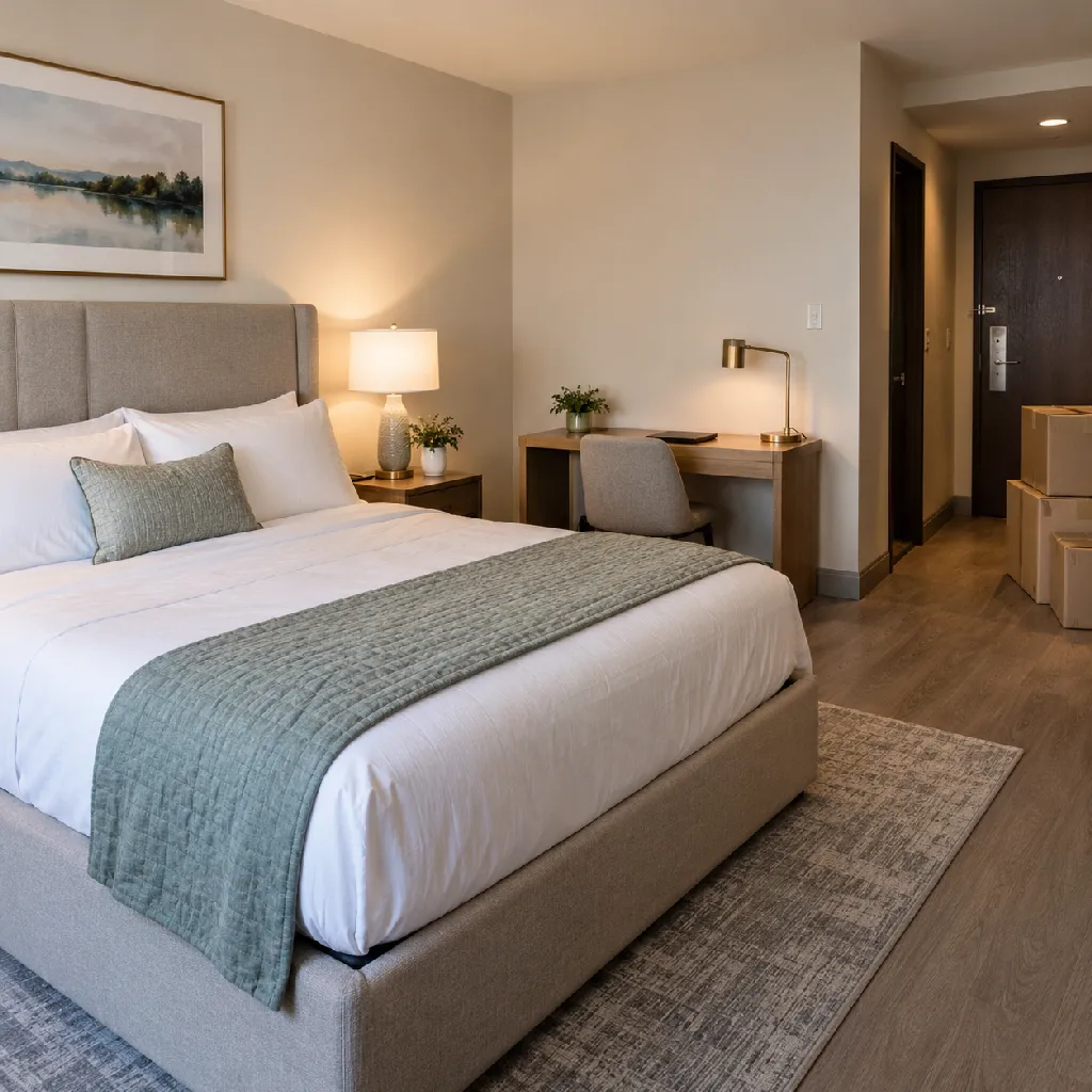 Coordinated hotel bedroom with staged bedding, furniture, supplies, and cartons