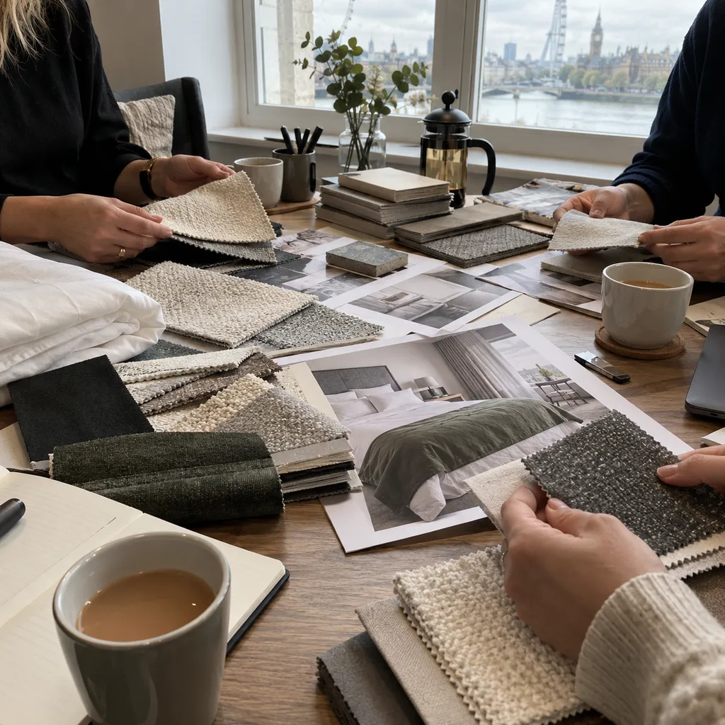 Hands reviewing material cards and sleep product swatches in a compact London sourcing office