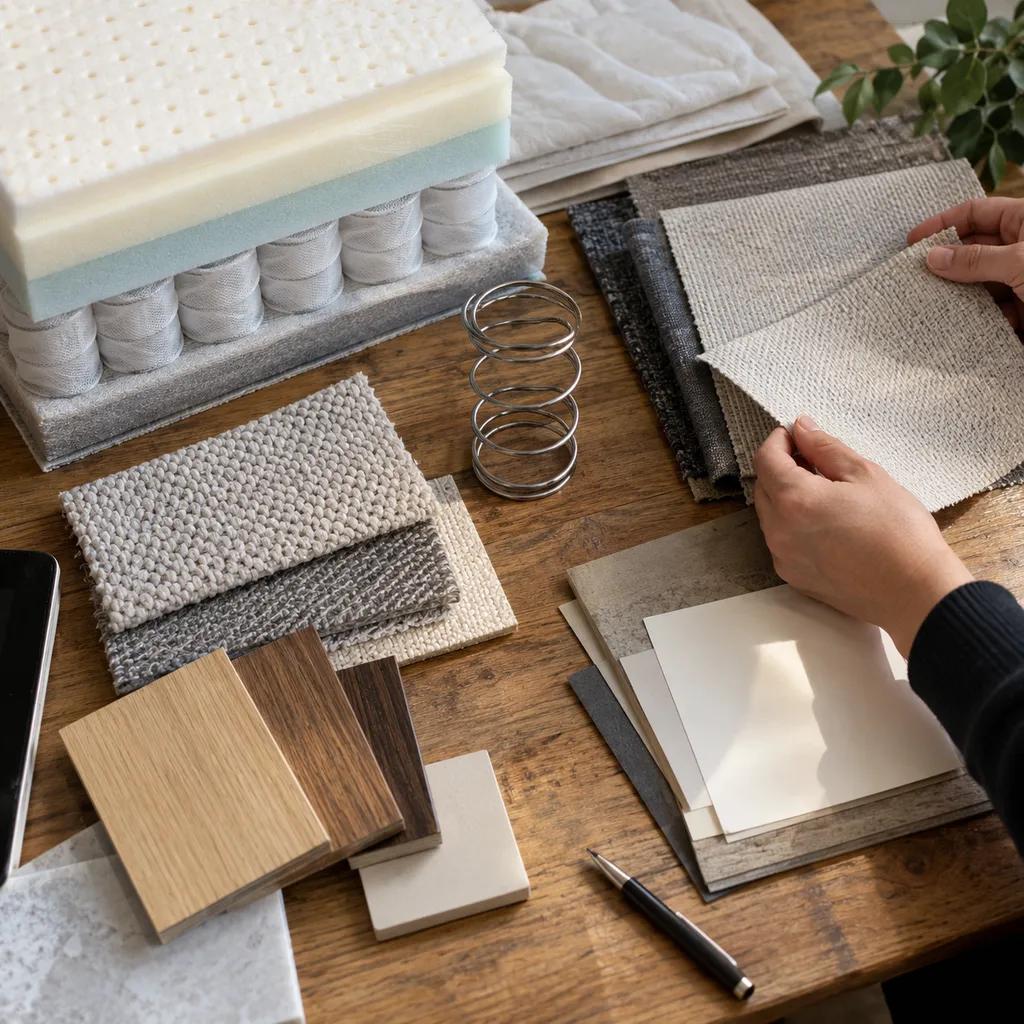 Hands arranging sleep product materials and fabric swatches on a sourcing table