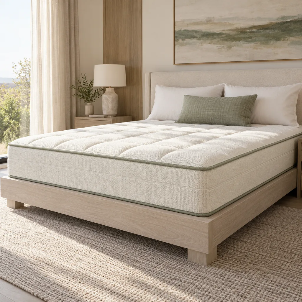 Hospitality mattress with sage piping on a pale ash platform base