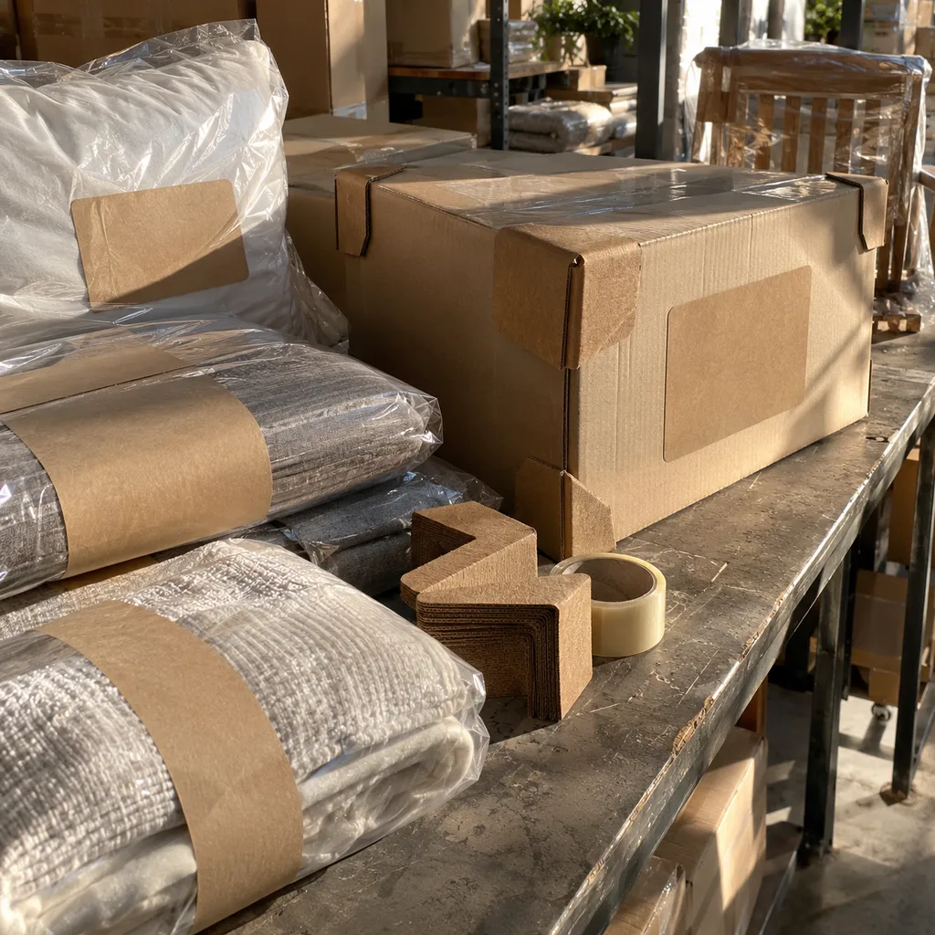 Protected bedding and bedroom furniture cartons prepared on a warehouse bench