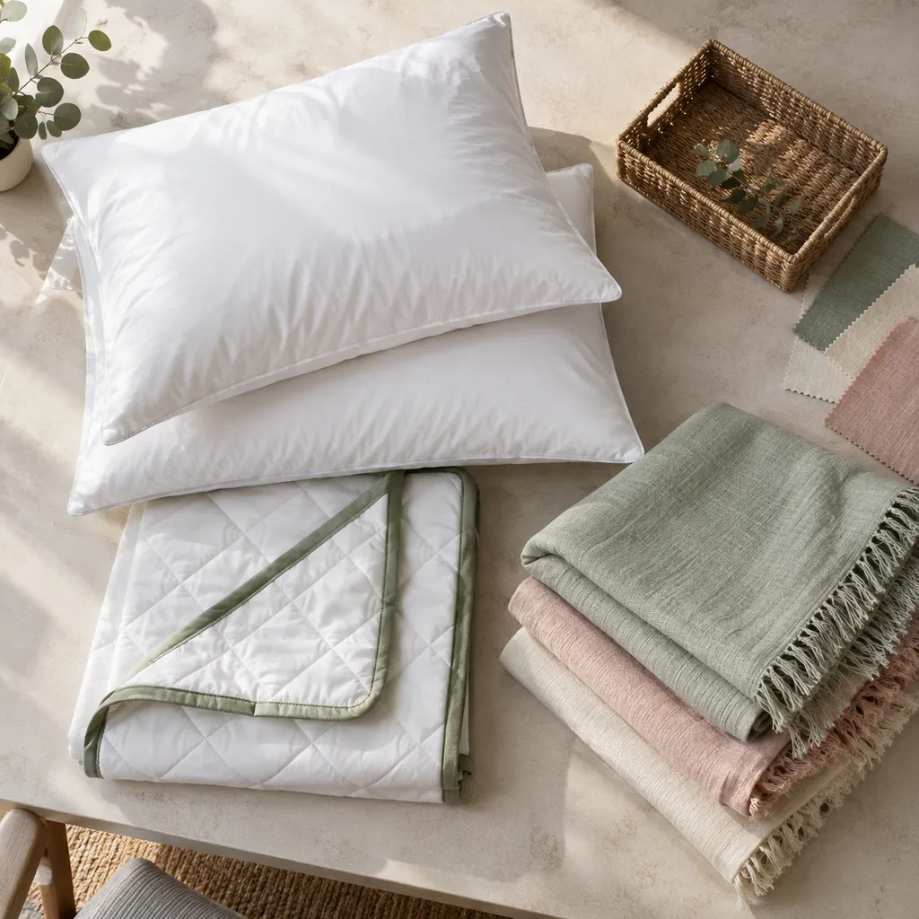 Folded pillows, mattress protector, cotton throws, and woven storage tray