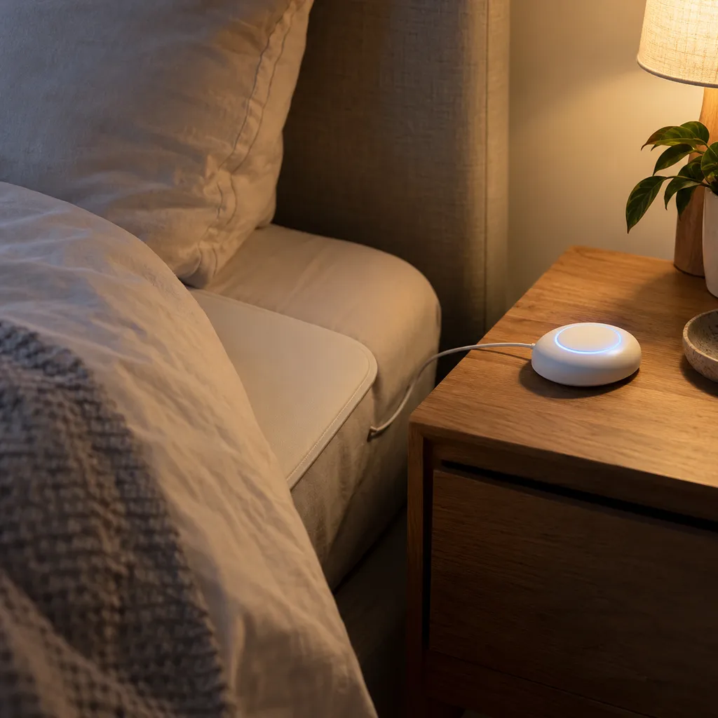 Smart sleep sensor pad tucked under bedding with a bedside health hub