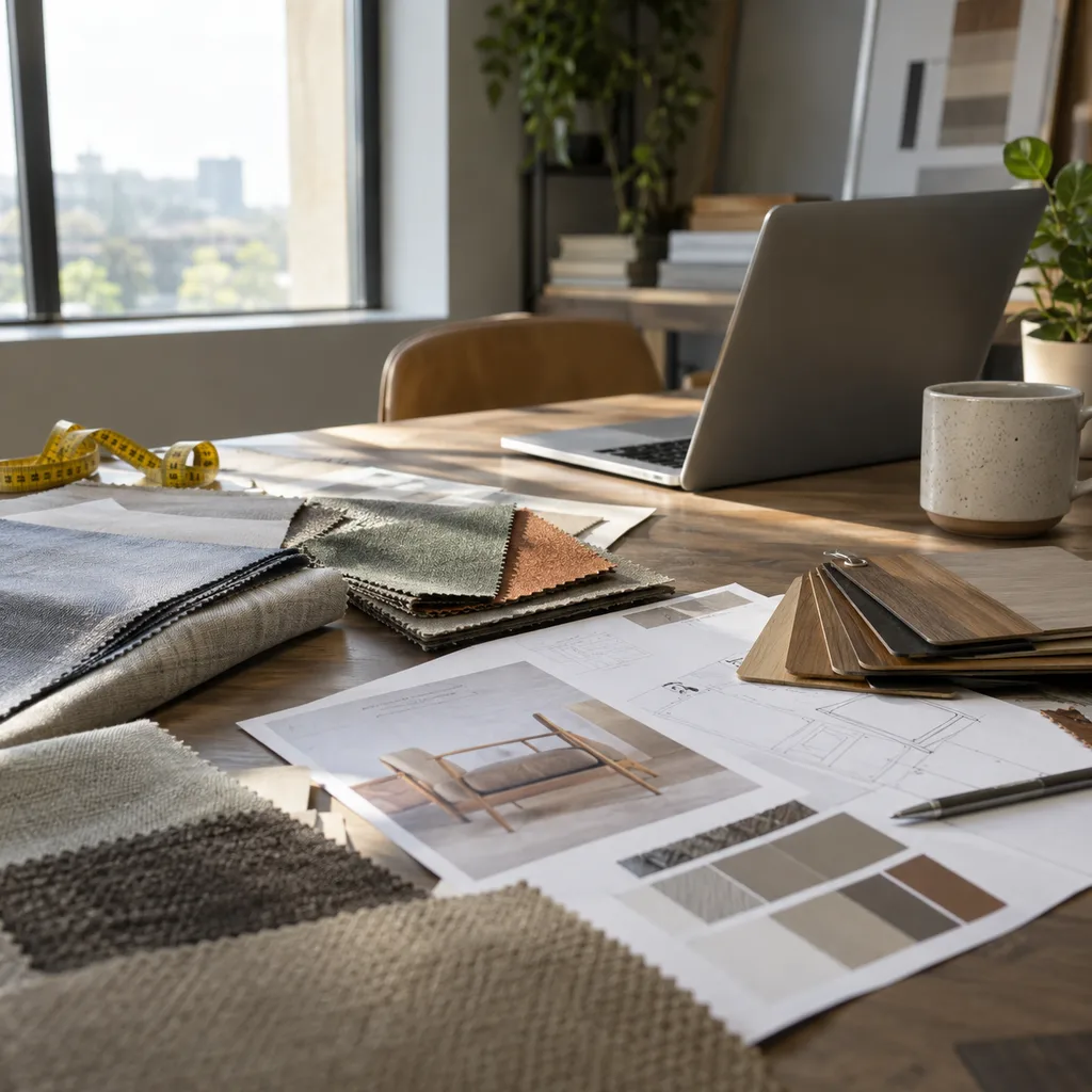 Specification sheets, fabric cards, measuring tape, and material swatches on a sourcing table